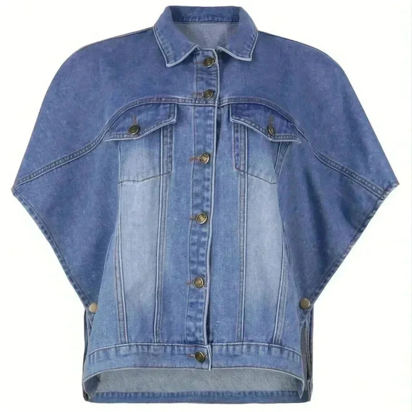 Blue Sexy Women's Pure Color Wash Button Short Sleeve Slim-Fitting Jeans Blouse - Picture 3 of 4